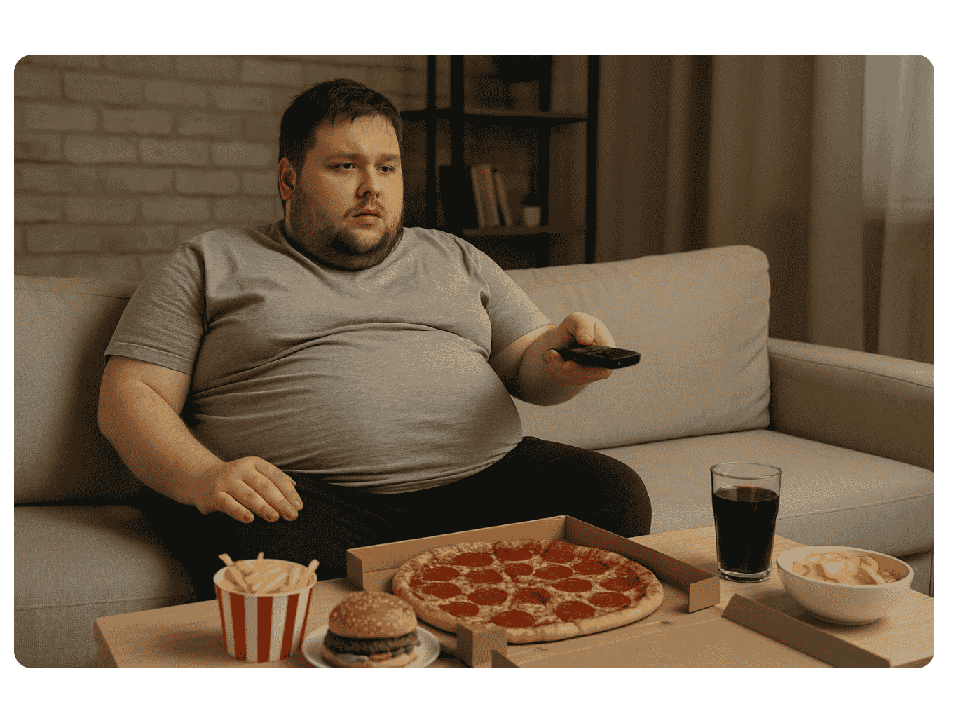 Muž s nadváhou sedící na gauči, před sebou má nezdravé jídlo